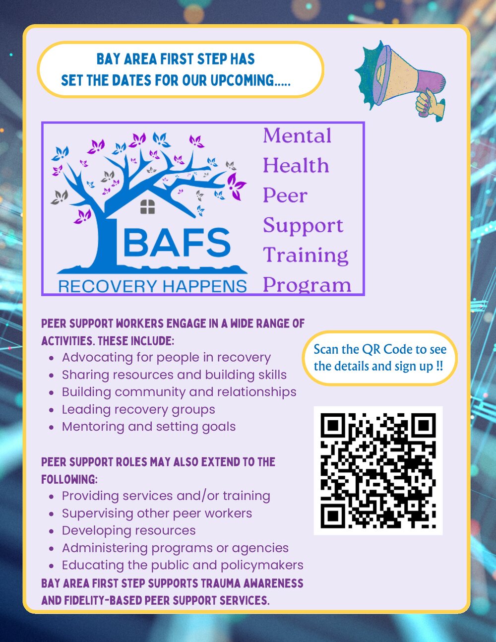 Bay Area First Step upcoming Mental Health Peer Support Training Program flyer