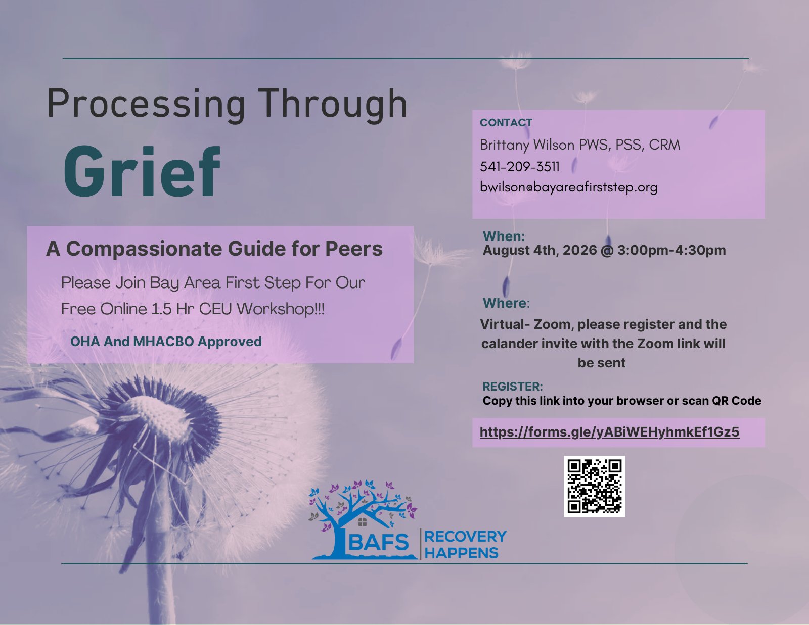 Sign up for our up coming workshop!! Processing Through Grief: A Compassionate Guide For Peers